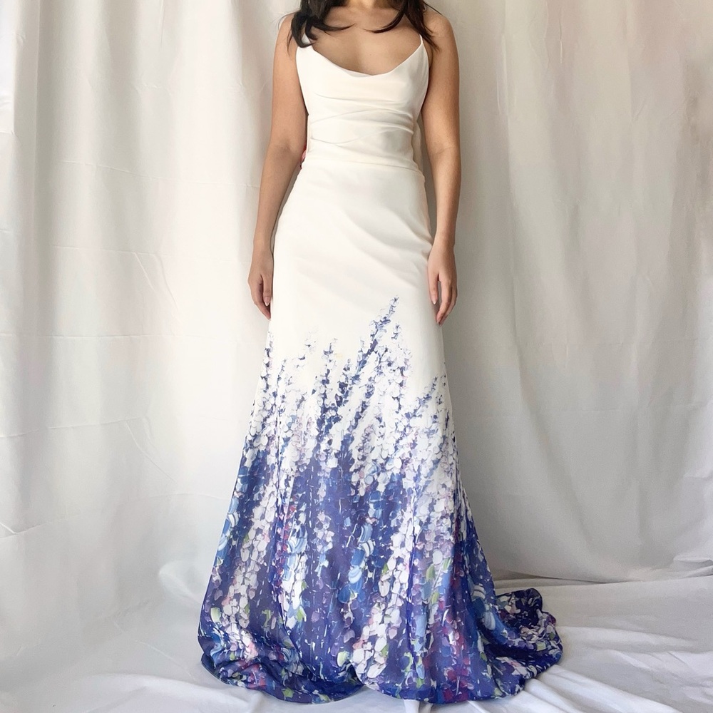 Milla White and Blue Floral Evening Gown